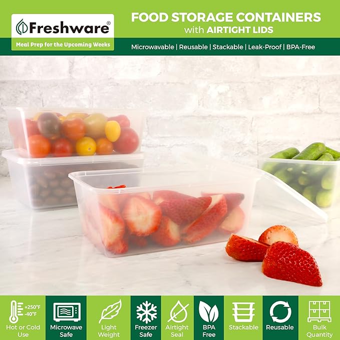 Freshware Food Storage Containers [50 Set] 34 oz Plastic Deli Containers with Lids, Slime, Soup, Meal Prep Containers, BPA Free, Stackable, Leakproof, Microwave, Dishwasher and Freezer Safe - Image 2