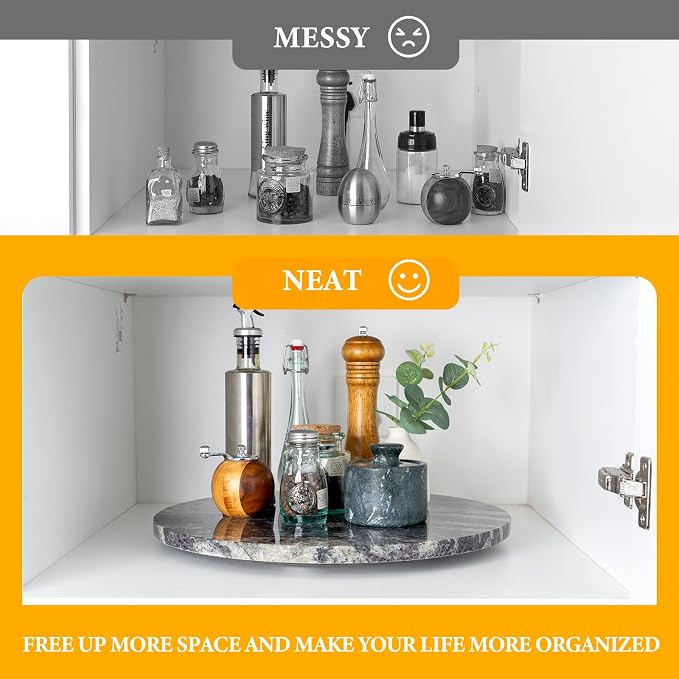 16'' Black Marble Lazy Susan Marble Turntable for Kitchen Dinning, Lazy Susans Organizer for Cabinet, Serving Rotation Spinning Tabletop Organizer Swiveling, Spice Rack Storage(Black Fantasy) - Image 5