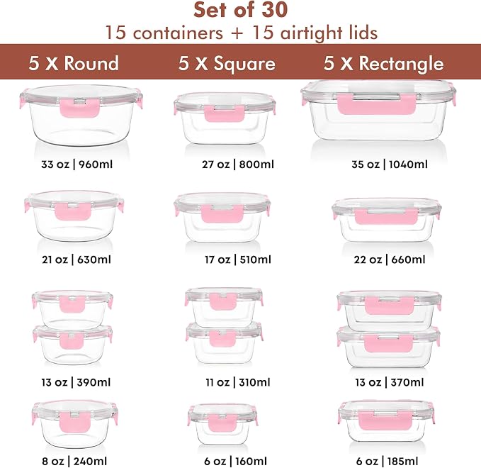 Razab 30 PC Glass Food Storage Containers with Lids - Reusable Glass Meal Prep Containers for Lunch and Leftovers - Airtight & Leakproof Snap Locking Lids - Oven, Freezer, Microwave, Dishwasher Safe - Image 2