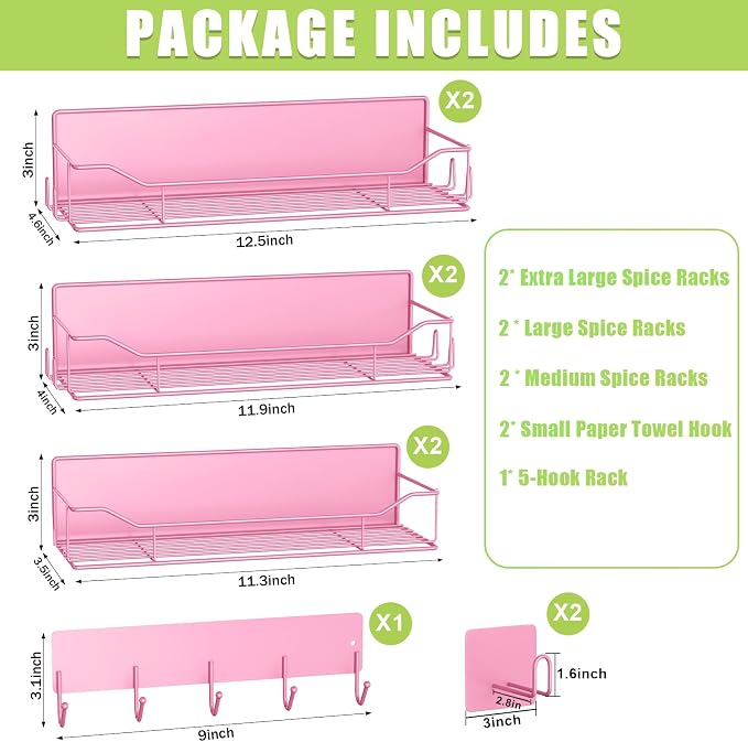 Magnetic Spice Rack for Refrigerator, 9 Pack Magnetic Fridge Shelves W/Adjustable Paper Towel Holder, Hook Rack, Moveable Spice Organizer Shelf for Kitchen Organization and Storage (Pink) - Image 2