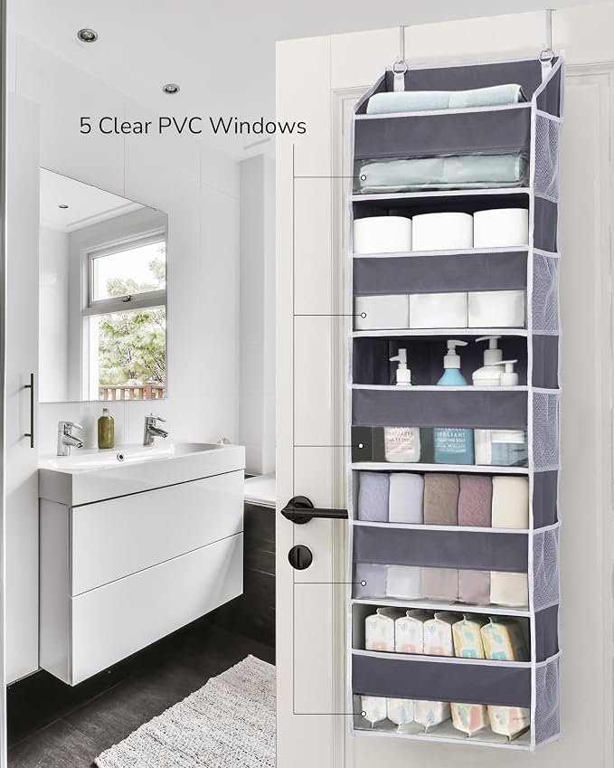 ULG 1 Pack Over Door Organizer with 5 Large and 10 Mesh Side Pockets, 44 lbs Weight Capacity Hanging Storage with Clear Window Kids Toys, Shoes, Diapers, Dark Grey, 5 Layers - Image 5