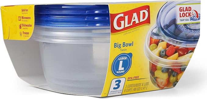 Glad GladWare Big Bowl Food Storage Containers with Lids, Large Round No BPA Plastic Containers for Soups, Salads, and Meal Prep, Lock Tight Seal, Microwave Dishwasher Safe, 48 Oz, 3 Count - 6 Pack | Lock-tight seal for soups, salads, and meal prep in ... - Image 10