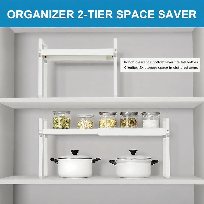 11" Deep Expandable Cabinet Shelf Organizer Riser, 2-Pack White | Adjustable 14-25", heavy duty metal pantry storage rack for kitchen cupboard, under sink & countertop, 10" high space saver - Image 7