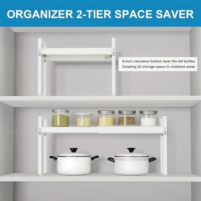 11" Deep Expandable Cabinet Shelf Organizer Riser, 1-Pack White | Adjustable 14-25", heavy duty metal pantry storage rack for kitchen cupboard, under sink & countertop, 10" high space saver - Image 7