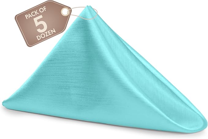 17 x 17-Inch Shantung Satin Cloth Napkins, Aqua, Set of 60 | Bulk Case of 5 Dozen, Square, 100% Polyester Fabric, Reversible, Faux Dupioni Silk Reverse Side, Machine Washable, Blue by UltimateTextile