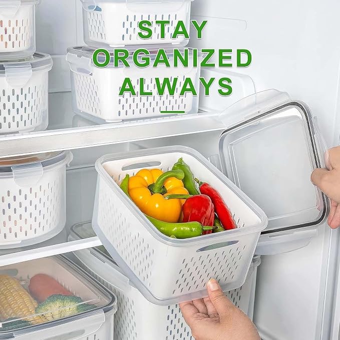2026 New 4 in 1 Food Storage Container, Fruit Storage Containers for Fridge, Including Drain Basket, Produce Storage Containers with Lid and Strainer (S+M+L) - Image 3