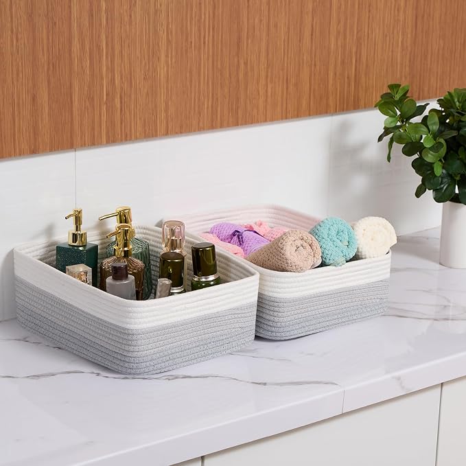 MiniArk Large Shallow Organizing Baskets 15x11x5.1 Inches - Rope Woven Storage Bins for Bathroom, Shelves, Cube Closet, Gradient Grey 2 Packs - Image 6