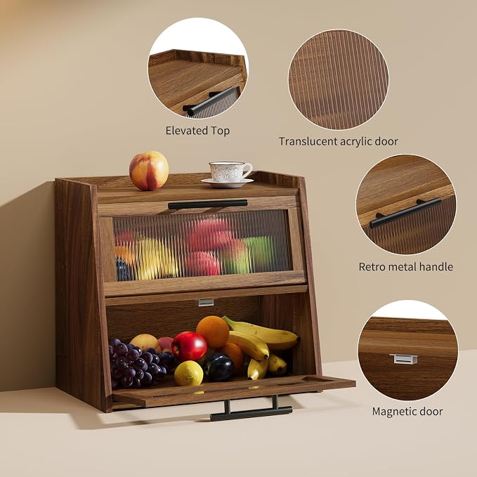 Bread Box for Kitchen Counter,Wooden Double Layer Countertop Bread Storage | Bread Holder Container Bin with Window for homemade bread; Acacia Wood Construction with Metal Handles - Image 4