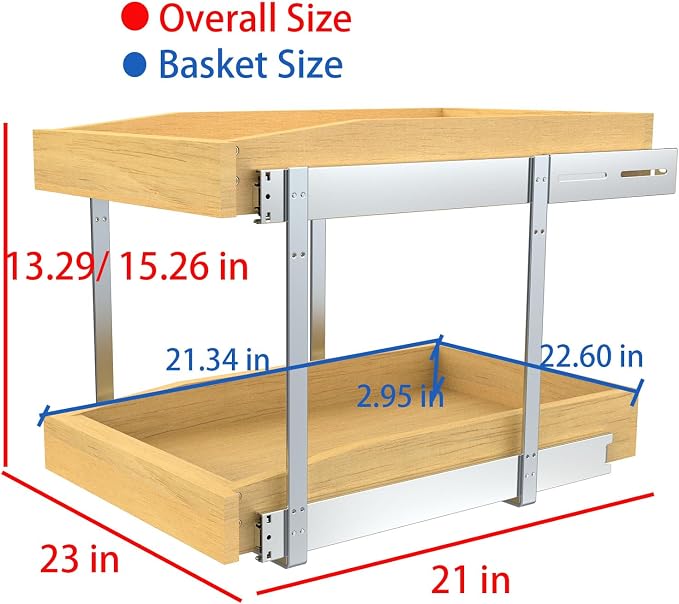 2 Tier Pull Out Cabinet Organizer, 23"W x 21"D Solid Wood Heavy-Duty Base Bottom Assembly Slide out Drawer Shel Cabinet Organization for Kitchen, Pantry, Bathroom - Image 2