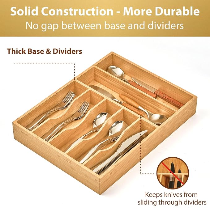 Bamboo Kitchen Drawer Organizer, 13 Inch Silverware Utensil Tray Holder, Extra Deep Grooved Drawer Divider, 7 Slots Total Bamboo Wood Caddy for Flatware Cutlery Knives, Forks, Spoons - Image 4