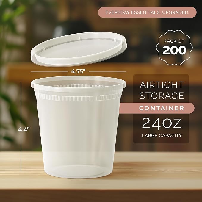 200 PACK (400 SETS) of 24 oz. Plastic Food Containers with Lids | Airtight, Microwave, Dishwasher, & Freezer Safe | Meal Prep, Disposable, Takeout Deli Soup Slime Round Food Storage Box - Image 2