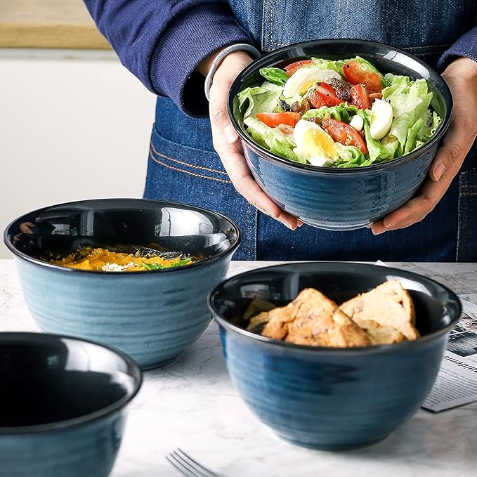HASENSE Soup Bowls for Kitchen, 40 Ounce Large Cereal Bowls, 7 Inch Ceramic Serving Bowls for Salad Pasta Soup Popcorn, Dishwasher & Microwave Safe, Set of 4(Blue) - Image 2