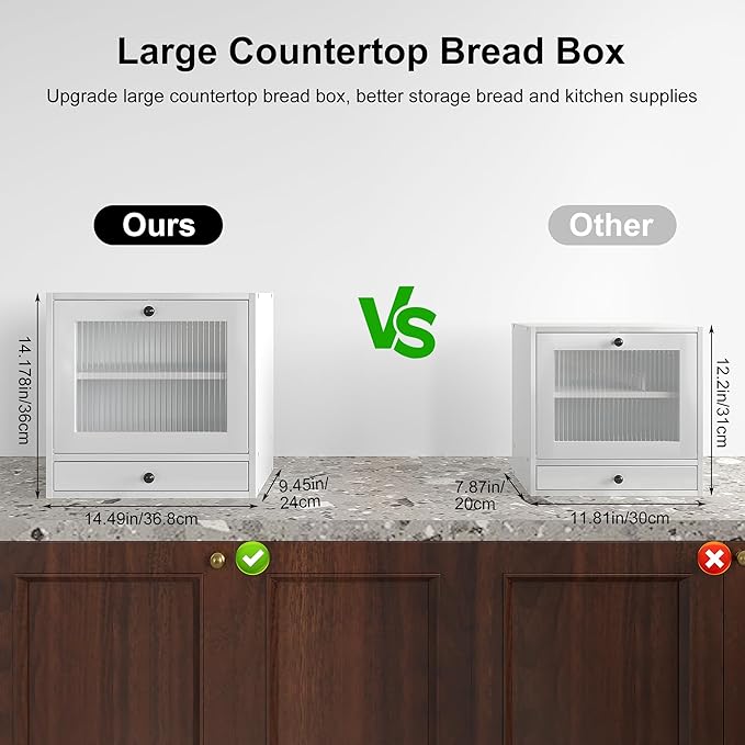 Alpeir Wooden Bread Box for Kitchen Countertop, Large Capacity with Ventilation Holes Adjustable Tiered-Shelf, Vintage Farmhouse Breadbox with Drawer & Window, Longer Freshness, White - Image 3