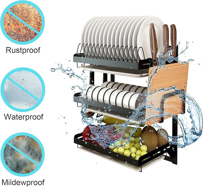 Wall Mounted Stainless Steel Dish Drying Rack Fruit Vegetable Storage Basket with Drainboard and Hanging Chopsticks Cage Knife Holder Kitchen Supplies Shelf Utensils Organizer (3-Tier) - Image 3