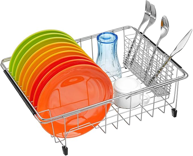 SANNO Stainless Steel Cutlery Utensil Holder Silverware Organizer Rack Dish Drying Rack with Stainless Steel Utensil Holder Large Dish Rack Drainer - Image 5