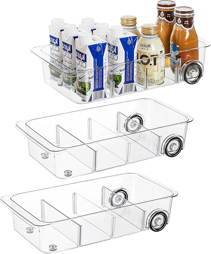 Roll-Out Refrigerator Organizers and Storage, 3 Pack Drawer Fridge Bins | Rolling Fridge Caddy, Silicone Wheels, Adjustable Dividers, Plastic Refrigerator Tray, for Fridge, Pantry, Bathroom & Kitchen by Attelite