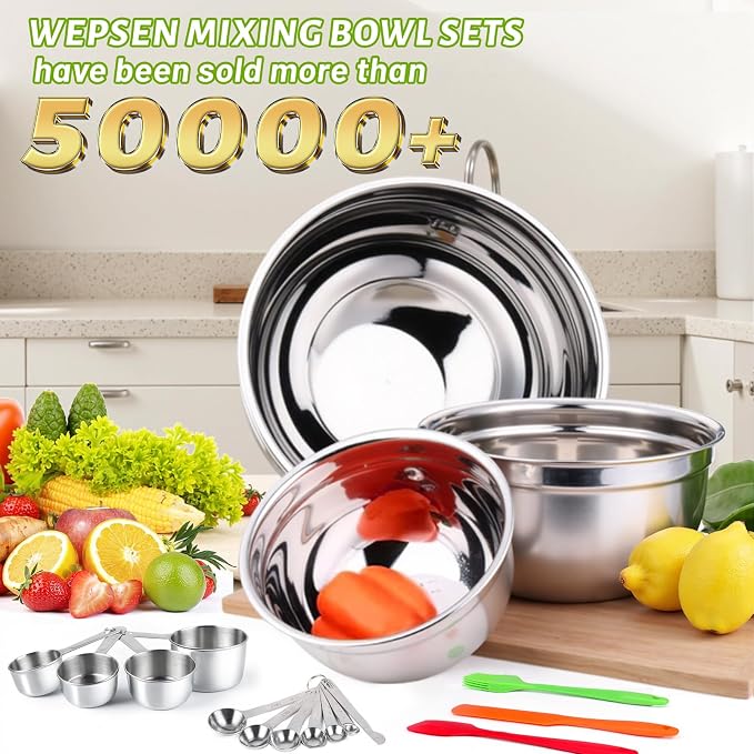 WEPSEN Mixing Bowls with Lid Set, 25PCS Kitchen Utensils Metal Bowl Stainless Steel Nesting Bowls, Measuring Cups and Spoons, Egg Whisk for Baking Prepping Cooking Serving Supplies - Image 2