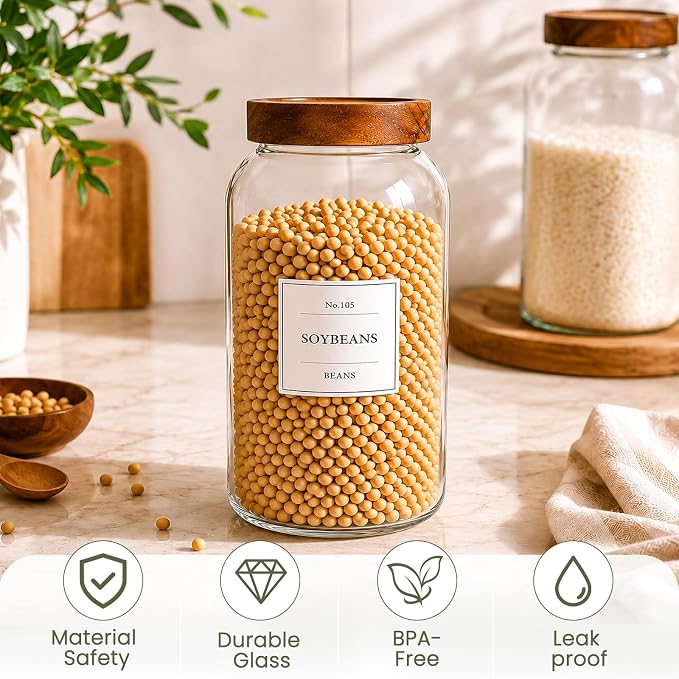 CONNOO 3Pcs-93oz Large Cereal Containers Storage with Acacia Wood Lids | Pantry Organization, Store Flour, Sugar, Rice, Pasta, Cereal & Dry Foods, Includes 120 Waterproof Labels - Image 5