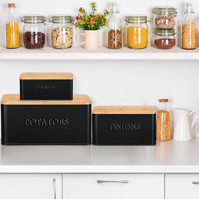 Honeydak 3 PCS Black Potato Onion Garlic Storage Bins Set, Metal Vegetable Keeper Containers with Lids Aerating Holes for Kitchen Counter Pantry Keep Fresh Longer Farmhouse for Sweet-potato Fruit - Image 5