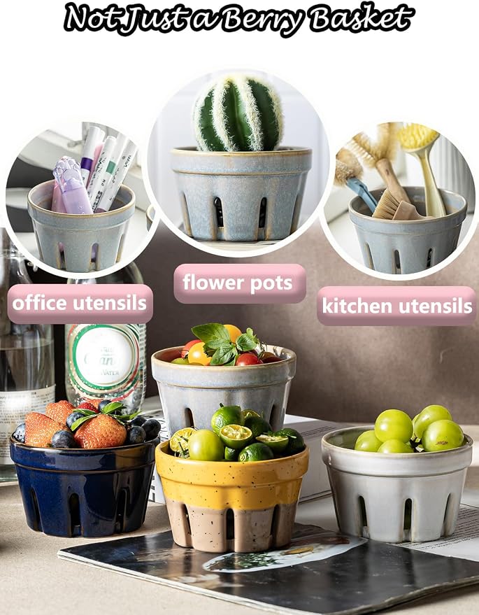Gomakren Ceramic Berry Basket Set of 2, Small Fruit Bowl Colanders, Gray | Drain Holes Keep Berries Fresh, Stackable, Wash & Serve, Round Strawberry Basket for Fridge Kitchen Counter, Lovely Home Gift - Image 8