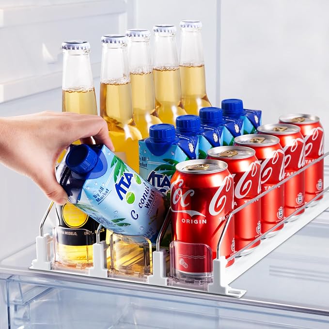 Coanto Drink Organizer for Fridge, Soda Can Organizer for Refrigerator with Automatic Pusher Glide, Adjustable Width Drink Dispenser for Fridge, Holds up to 15 Cans or Bottles, 3 Row by Coanto