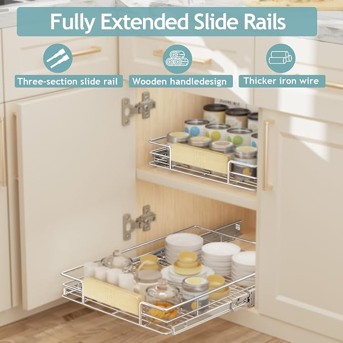 LOVMOR Pull Out Cabinet Organizer with Wooden Handle, 16½" W x 21½"Heavy Duty Cabinet Drawers Shelves Slide Out Organizer for Kitchen, Pantry - Image 4