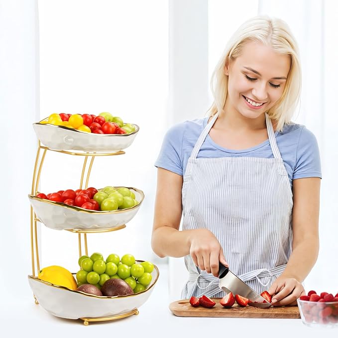 3 Tier Fruit Bowl for Kitchen Counter, Ceramic Fruit Basket with Metal Stand, Tiered Fruit Bowl for Counter Serving Stand for Fruit Vegetable Storage, Snack, Nuts, Cake, Dessert - Image 7