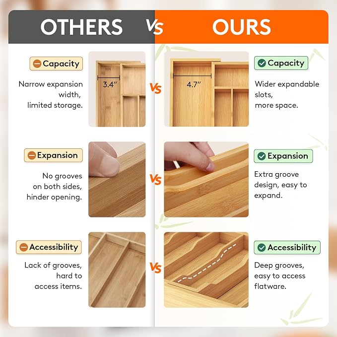 Lifewit Silverware Drawer Organizer, Expandable Utensil Tray for Kitchen, Flatware and Cutlery Holder, Wood Adjustable Storage for Spoons Forks Knives, 13-22x15/ 33-56x38cm, Natural | Expandable Flatware and Cutlery Holder, Adjustable Storage for Spoon... - Image 4
