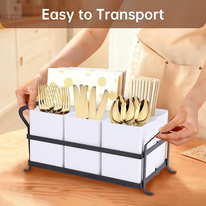 Silverware Caddy Metal Utensil Holder for Party Countertop Silverware Utensil Caddy Cutlery Flatware Organizer for Spoons Forks Plates Napkins white&Black - Image 2