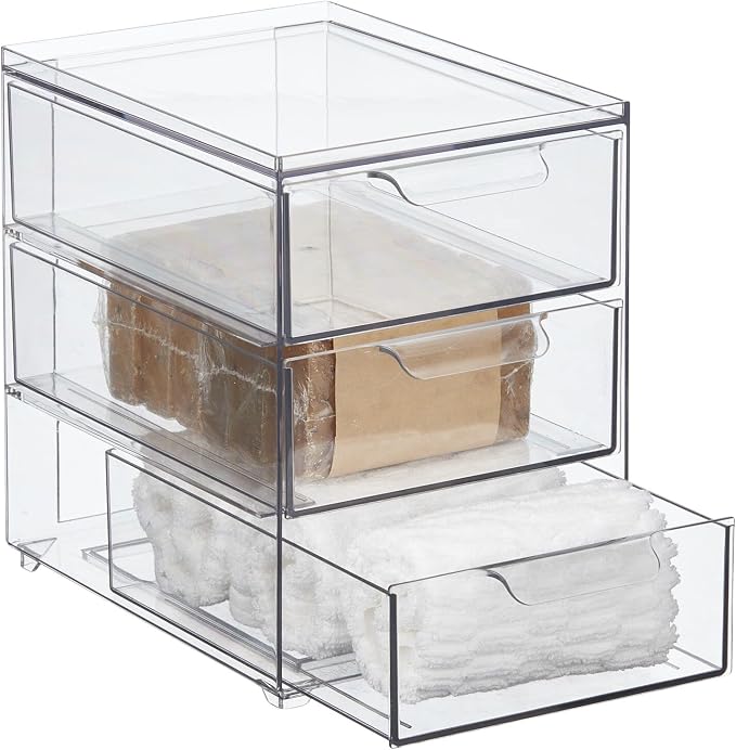 mDesign Plastic Stackable Organizer with 3 Drawers - Pull-Out Drawer Storage Bin for Bathroom Sink/Cabinet Organization - Perfect for Makeup, Small Towels, and More - Lumiere Collection, 2 Pack, Clear - Image 8