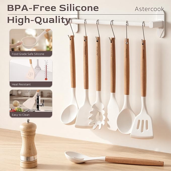 Astercook Kitchen Utensils set, 39 PCS Silicone Cooking Utensils Set with Wooden Handle, 446°F Heat Resistant Food Grade Utensil Sets, BPA Free Kitchen Gadgets Tools Set for Nonstick Cookware (Cream) - Image 8
