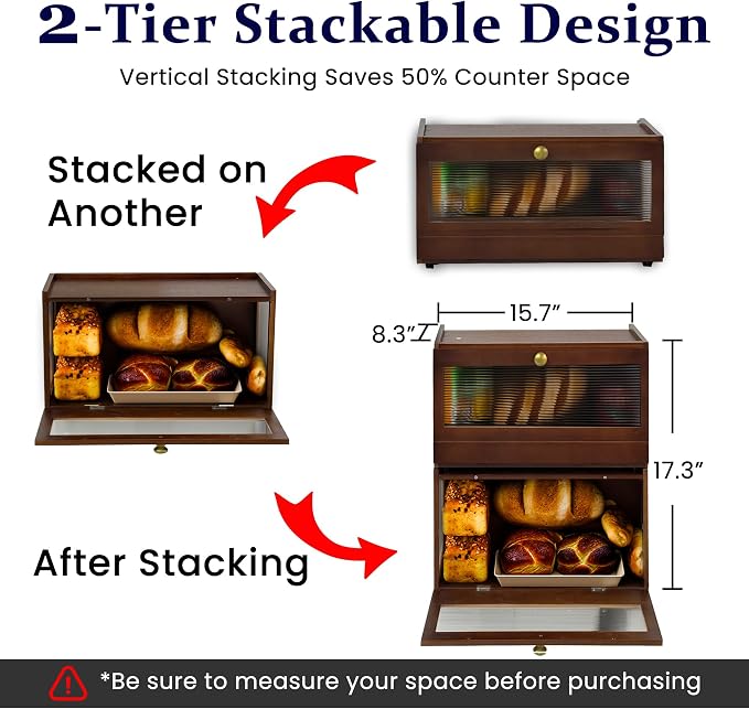 Stackable Bread Box for Kitchen Countertop, 2 Tier bamboo Bread Storage Container Holder Bin for Baked Goods Snacks Farmhouse Breadbox with Acrylic Window for Pantry Cabinet Cupboard, Brown - Image 2