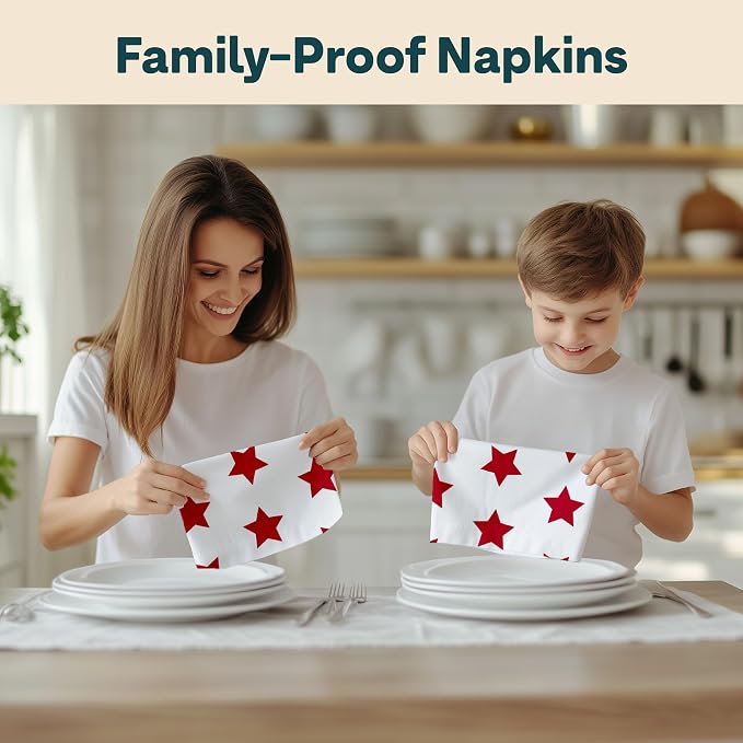 Red Stars Cloth Napkins | 4th of July Table Decorations | Memorial Day, Independence Day Table Decorations | Absorbent, Washable, Reusable, Stain & Wrinkle Resistant | Made in America - 6pack - Image 6