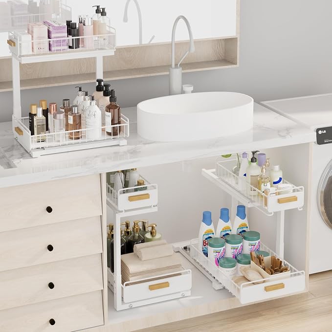 Under Sink Organizer 1 Pack Pull Out Cabinet Organizer with Ball Bearing Sliding Drawer 2 Tier Adjustable Storage Rack Heavy Duty for Kitchen Bathroom White - Image 9