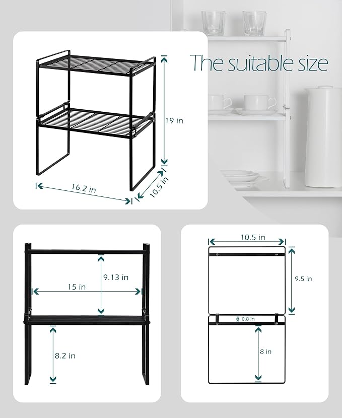 Shantton Cabinet Shelf Organizer, Pantry Shelf Rack, Black 16.1x10.6x9.5 | 2-Pack Stackable Metal Riser Holds 40LBS with Non-Slip Feet for Kitchen Pantry Bathroom Countertop Freezer Cupboard - Image 3