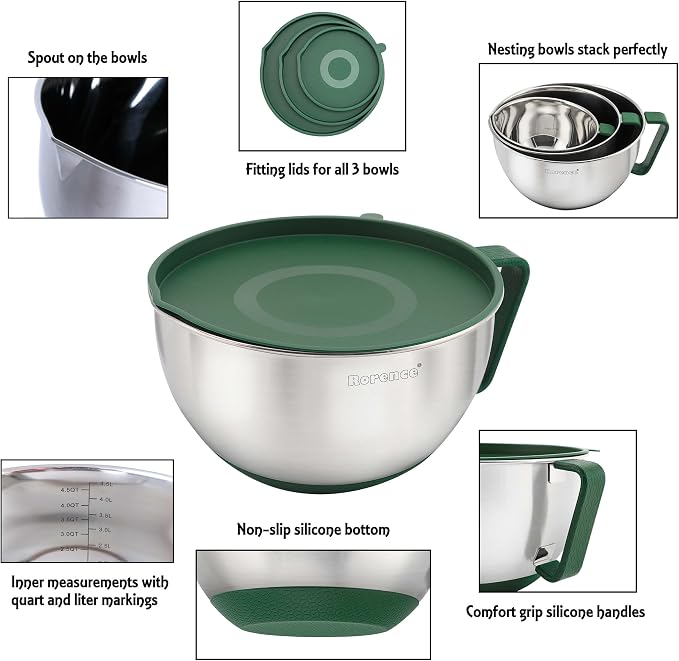 Stainless Steel Mixing Bowls Set with Lids,1.5,3 & 5 Qt,Green | Non-Slip Silicone Base,Precision Pour Spout,Ergonomic Easy-Grip Handle,Measurement Marks,Airtight Lids,Cooking & Meal Prep - Image 3