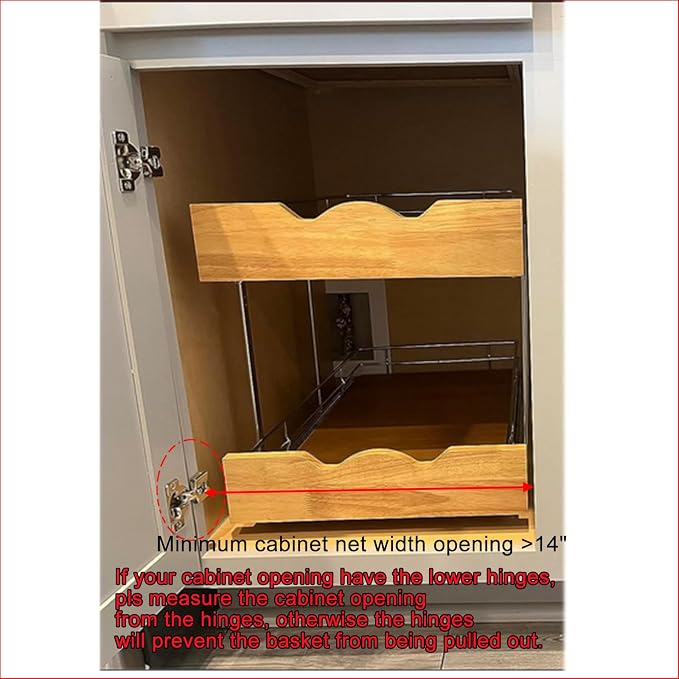 DINDON 2 Tier Pull Out Cabinet Organizer (14" W x 21" D) Slide Out Wood Shelf Double Tier Kitchen Wire Basket with Chrome Finish… - Image 4