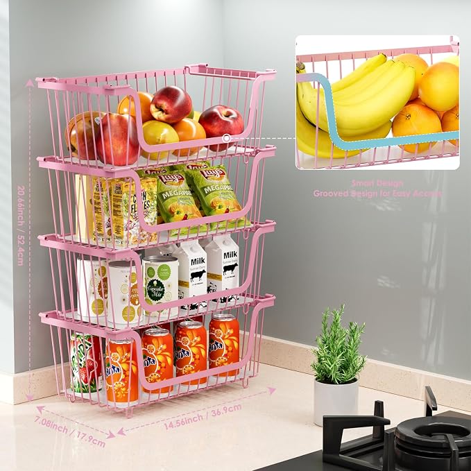 4 Pcs Stackable Wire Baskets for Pantry Organizers and Storage,pink, | Vegetable Fruit Basket for Countertop,Kitchen Storage Metal Baskets,Produce Potato Onion Storage Bin, - Image 3