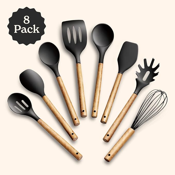 Country Kitchen Non Stick Silicone Utensil Set with Rounded Wood Handles for Cooking and Baking, 8 Piece Set, Black - Image 2