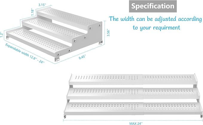 Jojocross Spice Rack Organizer for Cabinet, 3 Tier Expandable shelf, Great for Kitchen Cabinets, Cupboard,Pantry and more,Metal plate with hole (1 Pack/White,9.45" D x 12.8"~24“L x 3.56" H) - Image 5
