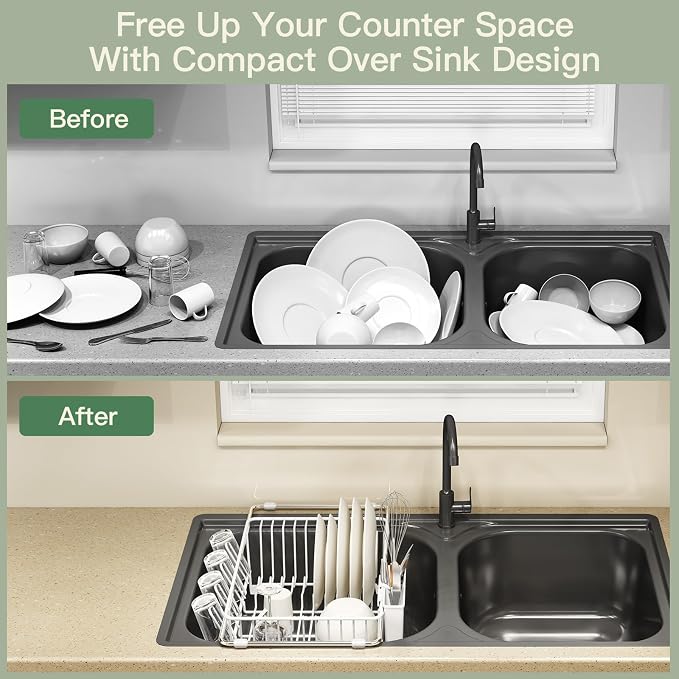 White Dish Drying Rack Over The Sink with Utensil Holder, Mat | Expandable Stainless Steel Dish Drainer for Small Kitchen, Apartment, RV, Counter Space Saving, Perfect Fit, Rustproof - Image 2