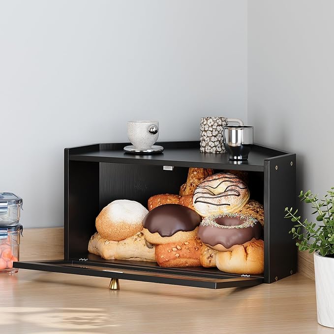 Trironsun Corner Bamboo Bread Box for Kitchen Counter Large Rustic Bread Storage Container with Acrylic Door Space-Saving Vintage Bread Keeper for Homemade Bread (Black) - Image 2