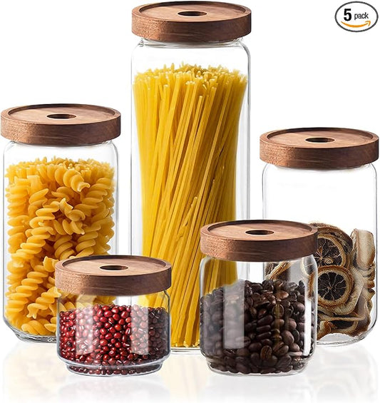 Glass Jars with Airtight Wood Lids - Small Large Kitchen Pantry Storage Containers, Canisters for Spaghetti, Noodles, Pasta, Ground Coffee, Sugar, Cereal, Spice, Salt, Salad, Matcha, Set of 5 by PENGSHU