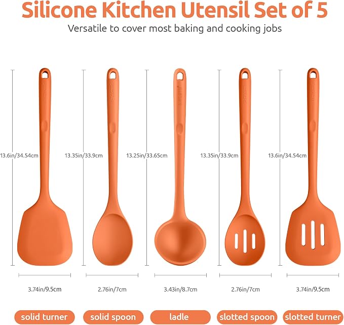 U-Taste Silicone Kitchen Cooking Utensil Set of 5, 13.6" Long, Orange | 600ºF Heat Resistant Food Grade Kitchen Tools&Gadgets, Extra Long Wide Spatula Turner Spoon Ladle for Serving Mixing Stirring - Image 2