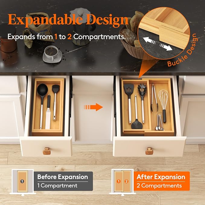 Lifewit Utensil Organizer for Kitchen Drawer, Expandable Cooking Utensil Tray, Cutlery Silverware Flatware Holder, Wood Adjustable Spatula Tools Storage Divider, 7-12 x 15.75", Natural - Image 5