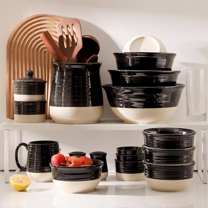 HASENSE Ceramic Cereal & Soup Bowls Set of 6, 20 Oz Black & Beige Stackable Stoneware Bowls, Farmhouse Bowls for Ramen, Salad, Oatmeal & Rice, Dishwasher & Microwave Safe - Image 6