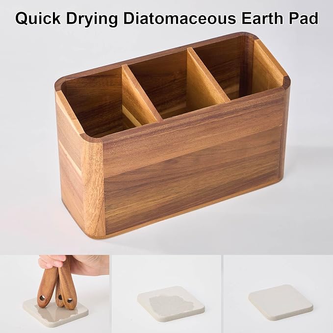Wooden Utensil Holder for Kitchen Counter, Acacia Wood Kitchen Utensil Holder for Countertop with 4 Compartment, Cooking Utensil Organizer, Silverware Caddy (Acacia Wood, 3Compartment) - Image 5
