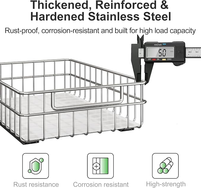 Pull out Cabinet Organizer, Stainless Steel 2-Pack (9.8"W x 16.5"D) Full-Extension Slide out Drawer, Adhesive Roll out Can Spice Storage Basket Shelf Rack for Pantry, Kitchen, Bathroom, Home Closet - Image 3