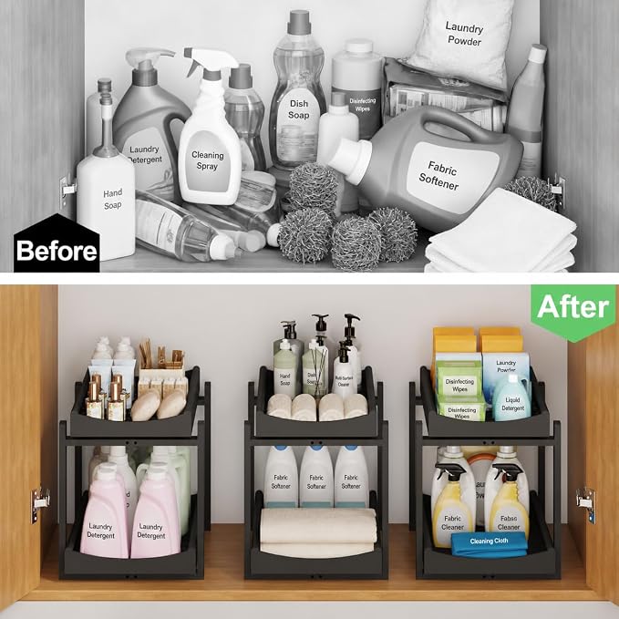 MHXW SXPN Bamboo Under Sink Organizer, 2 Pack Pull Out Cabinet Organizer | 2 Tier Vertical Smooth Slide Out Undersink Storage Shelf | Multi-Purpose Organizer Shelves for Kitchen Bathroom Medicine - Image 8
