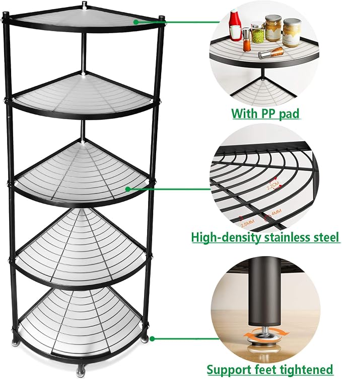 MAGCOLOR 5-Tier Kitchen Corner Shelf Rack, Free Standing Pot Rack for Organizer Stainless Steel Cookware Stand - Image 3